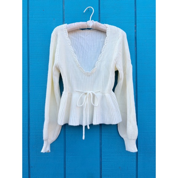 Sweaters - Scallop Ruffle V-Neck Peplum Ribbed Knit Sweater Balloon Sleeve Drawstring Waist